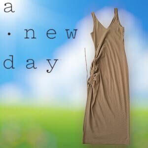 A New Day Brown Ribbed Cinched Ruched Maxi Dress, size Small NWOT